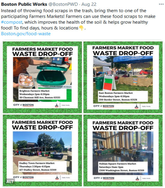 Food waste is collected and turned into compost and clean energy. Compost enriches soil, reduces greenhouse gas emissions, and recycles nutrients.